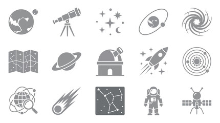 Collection of space and astronomy icons, including planets, stars, rockets, and telescopes. © yuanita