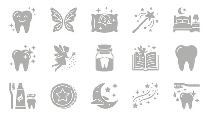 Collection of cute cartoon icons related to the Tooth Fairy, including teeth, fairy, magic wand, pillow, and stars. © yuanita