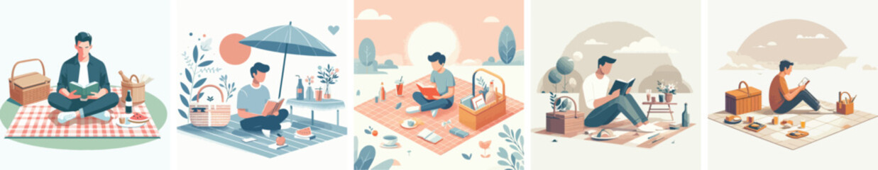 Obraz premium Vector of a man reading a book on a picnic mat. Vector, illustration, minimalist, flat