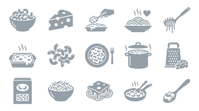 Collection of icons representing pasta and cheese dishes, cooking, and ingredients.