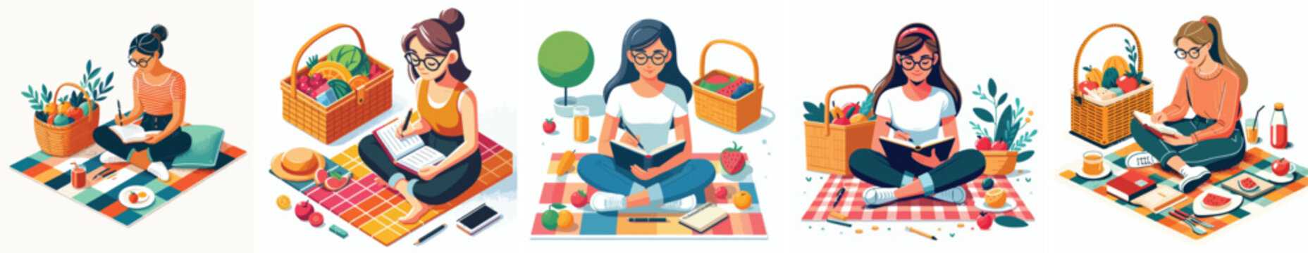 Vector of a woman writing in a book on a picnic mat. Vector, illustration, minimalist, flat