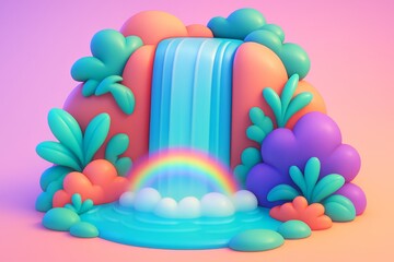 Naklejka premium Colorful cartoon-style waterfall with rainbow, surrounded by soft, stylized plants and rocks, on a pastel pink gradient background. Ai generative