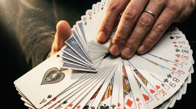 Professional magician fanning out a deck of playing cards in close up with magician gambling entertainment dexterity strategy competition fingernails close-up performance practice tabletop