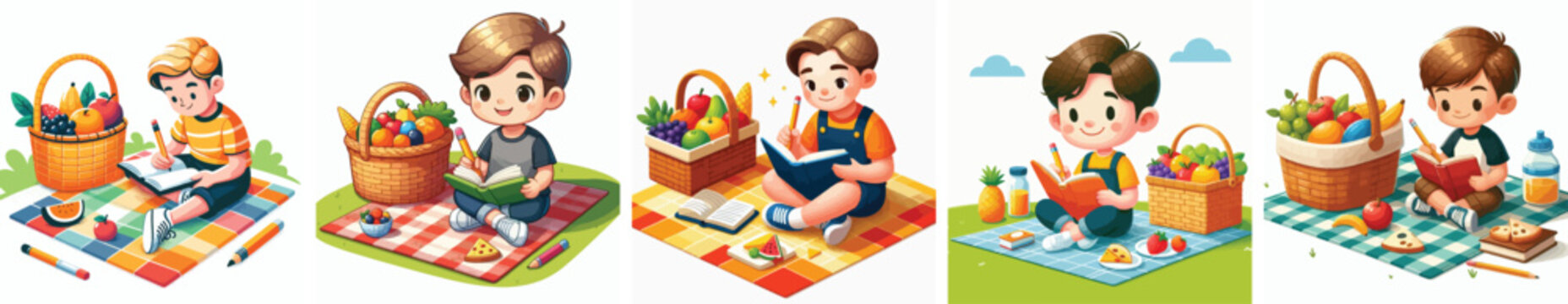Vector of a little boy writing in a book on a picnic mat. Vector, illustration, minimalist, flat