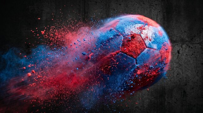 Exploding Soccer Ball with Red and Blue Powder on Dark Textured Background.