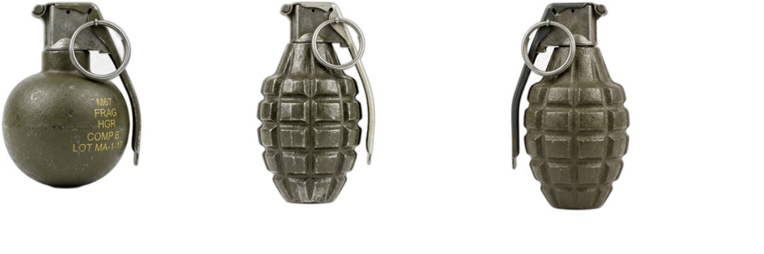 Military Hand Grenades Collection: Set of Isolated MK2 and Pineapple Fragmentation Grenade PNG Files with Transparent Backgrounds for Action, War, and Tactical Game Design Projects and Graphic Composi