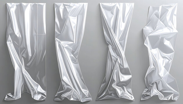 Set of four realistic crumpled plastic wrap strips with glossy metallic reflections and sharp folds for industrial packaging texture design