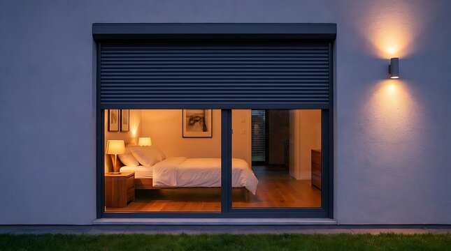 Modern house exterior at dusk with large window revealing cozy bedroom interior illuminated by warm bedside lamps, roller shutters partially closed, outdoor light accents.