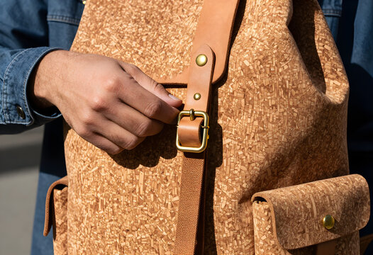 A commuter's left hand using a firm underhand grip to adjust the brass strap slider of the cork backpack.