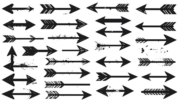 Set of hand-drawn rustic arrows with distressed texture, grunge sketch style elements for marking, direction pointers, bullet points, decor