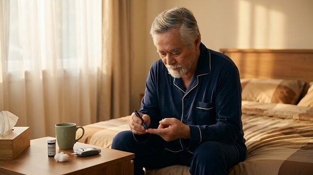 Senior man testing blood sugar with glucose meter and lancet pen while sitting on bed near window, checking diabetes levels with medical supplies and cup of tea.