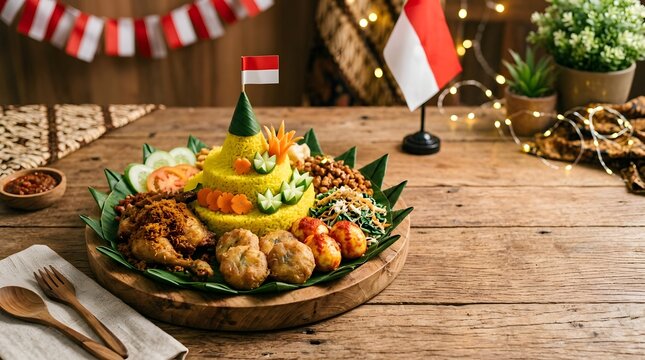 Traditional Indonesian Nasi Tumpeng yellow rice cone served on a wooden plate and small flag for independence day celebration.