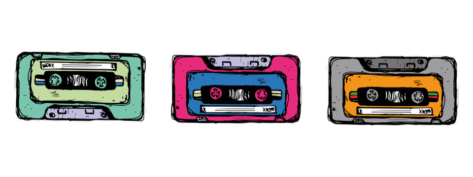 Colorful retro cassette tape collection in vintage flat illustration style featuring classic audio cassettes isolated on white background for music, nostalgia and media concepts.