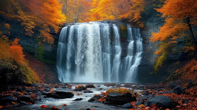 Majestic waterfall cascades amidst vibrant autumn foliage