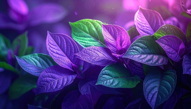 Vibrant purple and green leaves glow with ethereal light in a dreamy, magical forest.