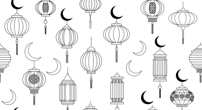 Seamless Pattern with Traditional Lanterns and Crescent Moons