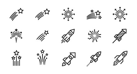 Fototapeta premium Set of Fireworks and Space Rocket Line Icons