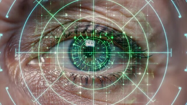 eye scanning in extreme close-up as digital matrix maps facial contours in real time, illustrating biometric identification, identity verification process, and advanced security tracking