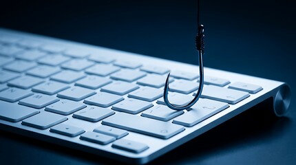 Fototapeta premium Fishing hook dangling over a computer keyboard symbolizing cyber threat phishing scam danger and online security risk data breach concept.