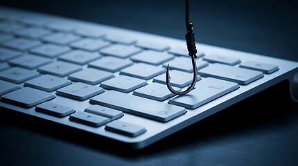 Fototapeta premium Fishing hook poised above computer keyboard keys indicating online phishing scam danger cyber attack risk and data security breach concept.