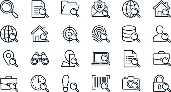 Search and investigation icon set line art icons for data security research and digital forensics