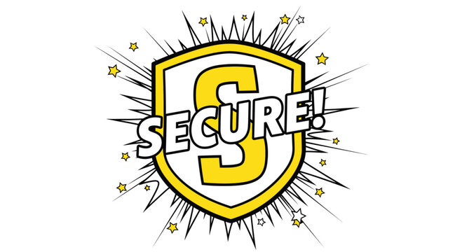 Secure Shield Emblem with Comic Style Explosion and Stars