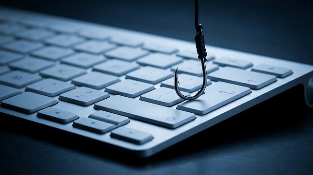 Fishing hook poised above computer keyboard keys indicating online phishing scam danger cyber attack risk and data security breach concept.