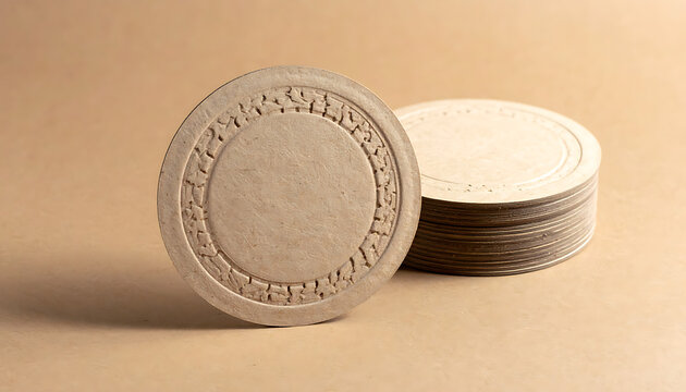 Stack of circular cardboard coasters with textured embossed border on brown paper background