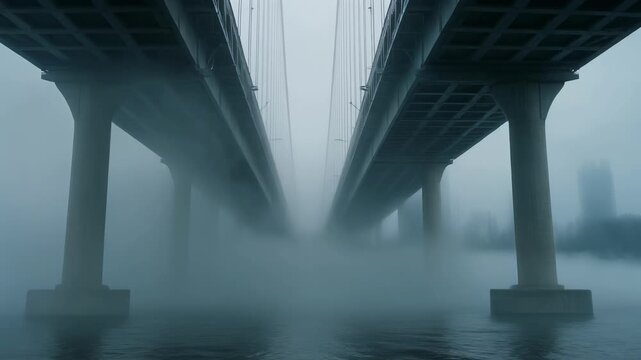 Suspension bridge piers emerge from dense fog over dark water