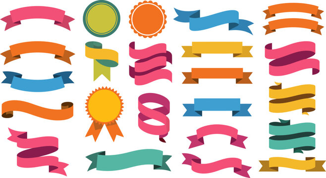 Assorted flat design ribbons and rosette badges in vibrant colors Keywords: ribbon, banner