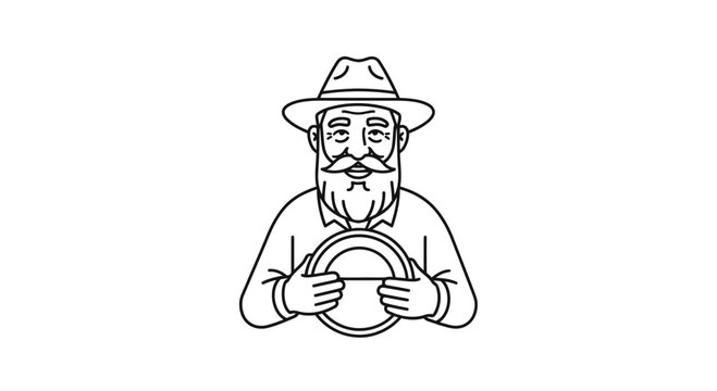 Elderly Farmer with Hat Holding a Plate, Vintage Line Art Illustration
