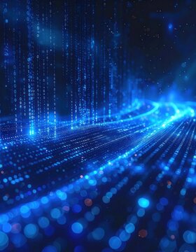 A digital landscape flows with streams of binary code and luminous blue bokeh.