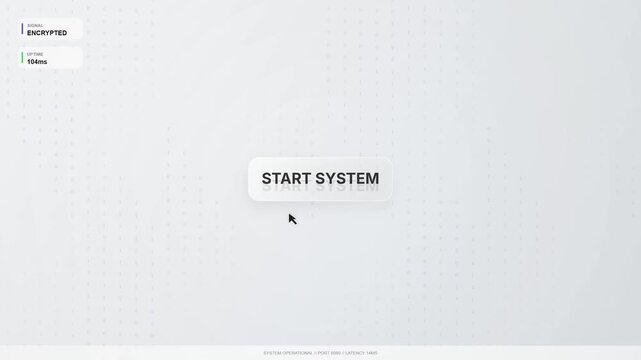 Glitchy startup screen with data stream and start system button