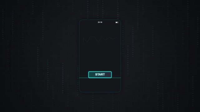 Glowing start button on smartphone screen in dark background, futuristic interface