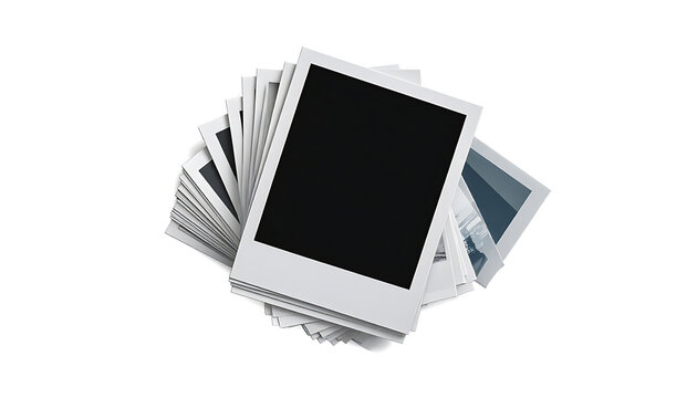 Stacked blank instant polaroid photo frames in a fan layout for memory display