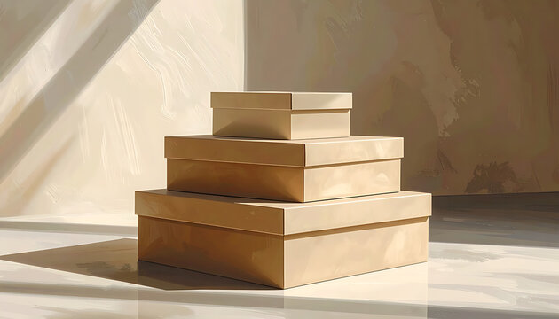Stacked beige cardboard boxes on flat surface, product display podium, marketing