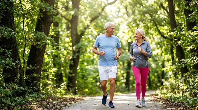 Active senior couple running on trail through sunny park wearing athletic clothes enjoying healthy lifestyle together while staying fit during golden hour evening outdoor exercise.