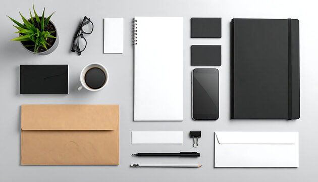 Stationery branding mockup with black and white paper elements, notebook, smartphone, coffee, and plant