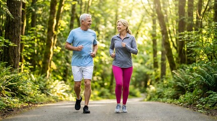 Obraz premium Happy senior couple running along scenic forest trail on beautiful sunny day emphasizing fitness and healthy active aging lifestyle for elderly individuals enjoying outdoor exercise.