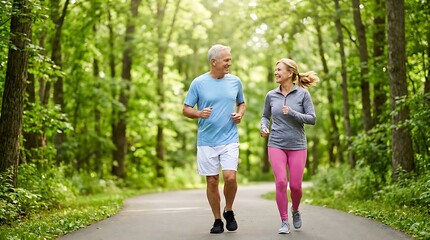 Obraz premium Healthy senior couple jogging together on scenic forest path during bright day highlighting active lifestyle and fitness routine for elderly people enjoying nature and outdoors.