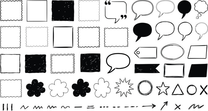Collection of hand drawn black and white shapes and speech bubbles