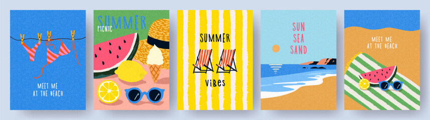 Fototapeta na wymiar Colorful summer vacation posters with hand drawn beach illustrations of swimsuit, beach chairs, fruit, sunglasses, and seaside landscape. Bright textured backgrounds with naive drawings aesthetic.