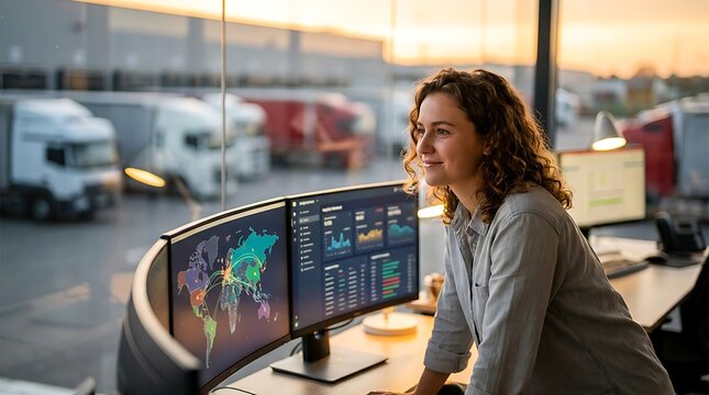 Freight dispatcher analyzing global route logistics on computer screens in control room with view of truck depot at sunset for supply chain management and transport monitoring.