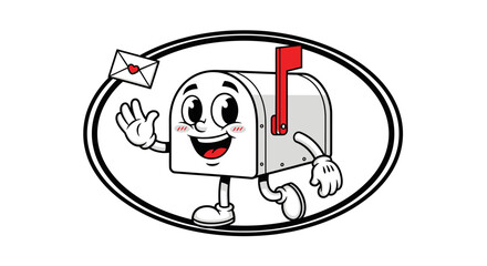Naklejka premium Happy Mailbox Character Waving Hello with Love Letter