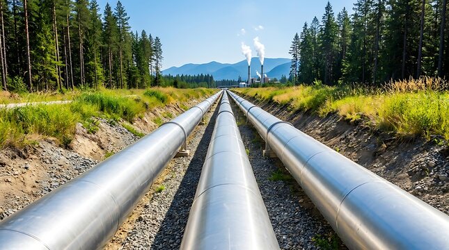 Three long industrial metal pipes running through mountain valley towards power plant building in forest area with tall pine trees under bright sunny blue sky daylight environment.