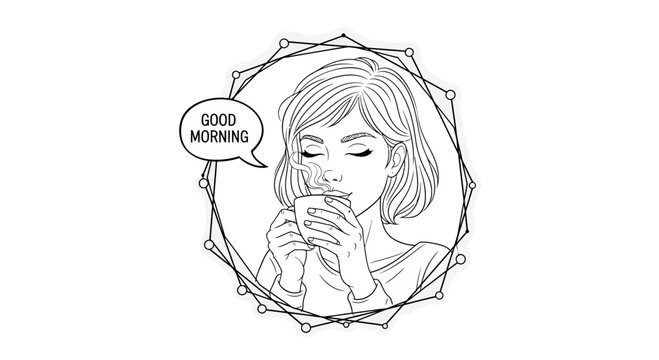 Woman Enjoying Morning Coffee, Steam Rising, Good Morning Message