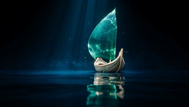 Minimal wooden sailboat with glowing turquoise crystal sail on dark ocean background