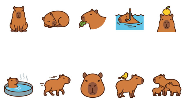 Cute capybara icon set in various poses and activities