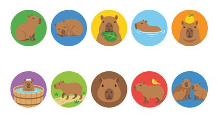 Naklejka premium Cute capybara icon set with various poses and activities