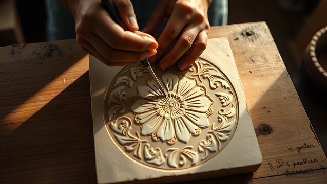 Artisan hands carving a linoleum block with a gouge tool for printmaking. Overhead view of a lino cut craft process on a wooden workbench
